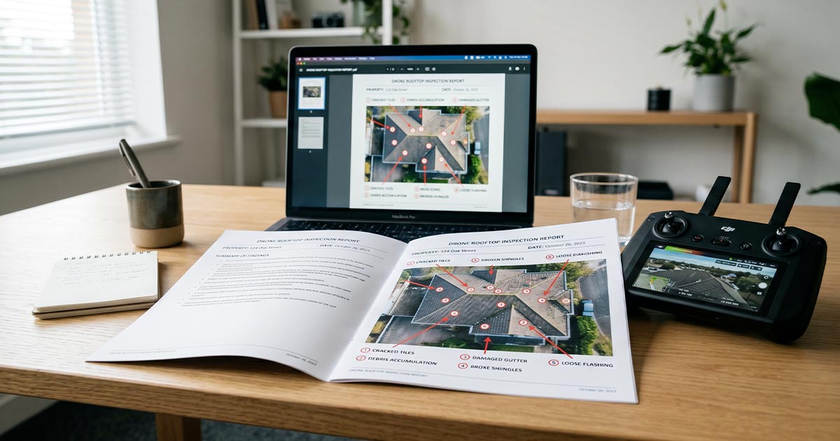 Rapport d'inspection drone avec photos annotées d'une toiture